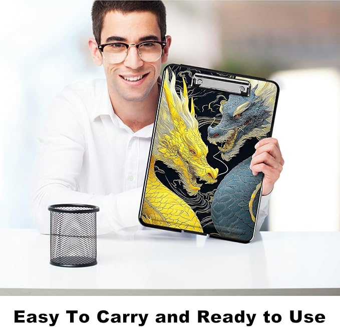 Heavy Duty Storage Clipboard, Slim Nursing Clipboard with Internal Pen Case, Portable File Organizer Case for A4 Letter Size Paper Office Medical Professionals, Gray-Yellow Dragon