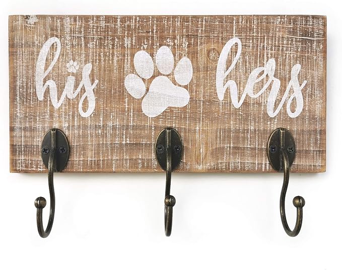 10 o'clock His Her Dog Hanger Unique Key Holder and Leash Hanger with 3 Hooks for Wall | Rustic Decor for Entryway | Cute Housewarming Gift for Dog Lovers 10"x5"