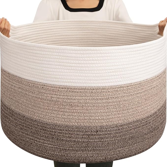 OIAHOMY 105L Extra Large Blanket Basket - Decorative Cotton Rope Storage Basket for Bedroom, Living Room & Nursery - Woven Laundry Hamper for Organizing Blankets, Clothes & Toys - Gradient Brown