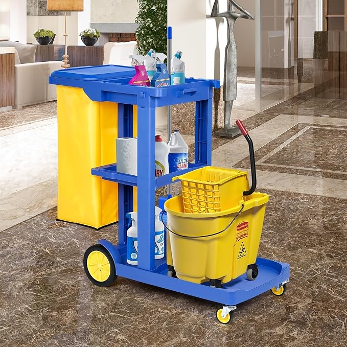 tonchean Commercial Janitorial Cart, 3-Shelf Housekeeping Cart with 22 Gallon Vinyl Bag & Cover, Large Cleaning Cart with Wheels for Hotel, Store, School, Office