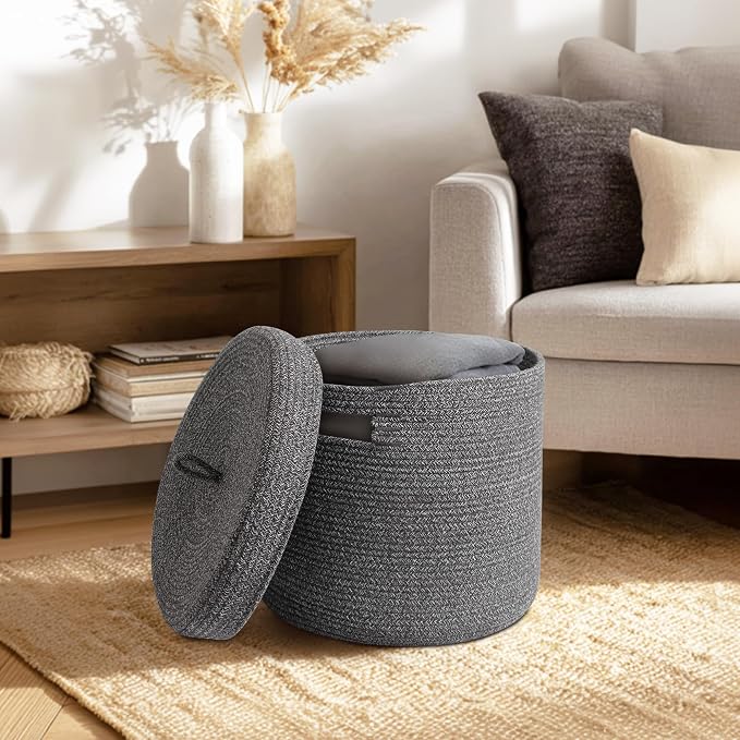 Storage Basket with Lid, Woven Blanket Storage for Living Room, Cute Cotton Rope Bin with Lid, Round Wicker Laundry Basket with Cover, Decorative Kid Dog Toy Box, Nursery Organizer, 15"x13"