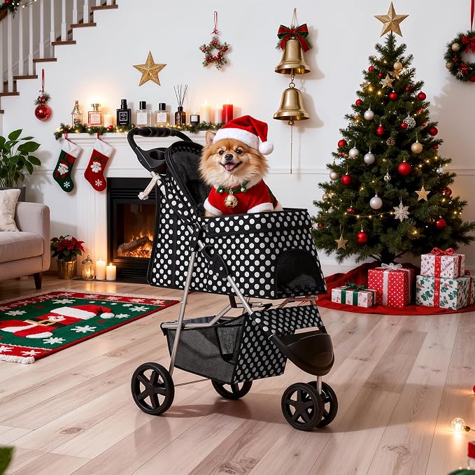 MoNiBloom Pet Stroller for Small/Medium Dogs and Cats, Black Polka Dots | Foldable Dog Stroller 3 Wheels Pet Strolling Cart w/ Storage Basket Cup Holder, Breathable and Visible Mesh for All-Season