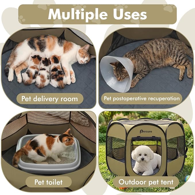 Persure Dog Cat Pet Playpen Puppy Crate Cage for Indoor Outdoor Travel | Nursing Rest Zone Recovering Pet Quarantine Room Portable Pop Up Easy to Set up lightweight Carrying Bag(Khaki with Pad,Small