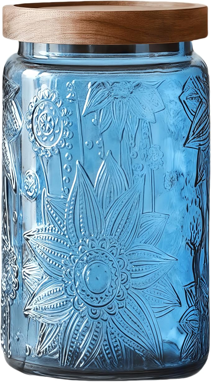 34 FL OZ Blue Sunflower Glass Jar, Vintage Airtight Canister with Wood Lid | Coffee Beans, Tea Bags, Sugar, Cereal, Cookies, Nuts, Jam, Pet Treats, Pantry Organization, Countertop Decor, Bath Supplies