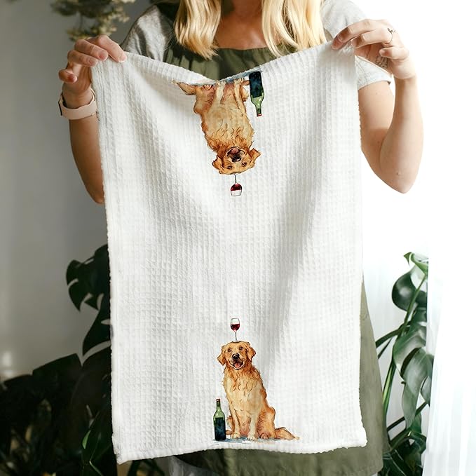Funny Wine Golden Retriever Decorative Kitchen Towels, Gifts for Golden Retriever and Wine Lovers, Hand & Tea Towels for Bar Cart, Dog Mom and Dad Gifts Dish Towel Dishcloth, 16x24 Inch