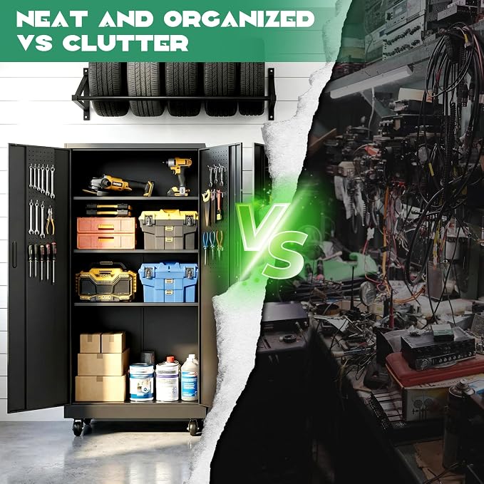 Rolling Tool Cabinet with Pegboard, 71" Tool Cabinets with 4 Adjustable Shelves for Garage, Tool Room, Assembly Required(Black)