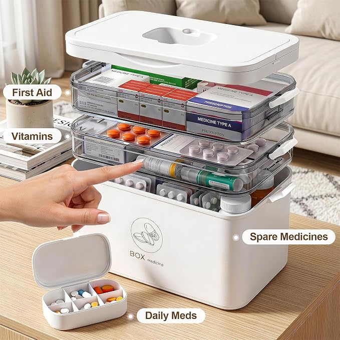 5-Tier Medicine Storage Organizer with Portable Pill Case, Portable First Aid Box with Removable Layers, Clear Medical Storage Container for Medicines, Vitamins & Emergency Supplies