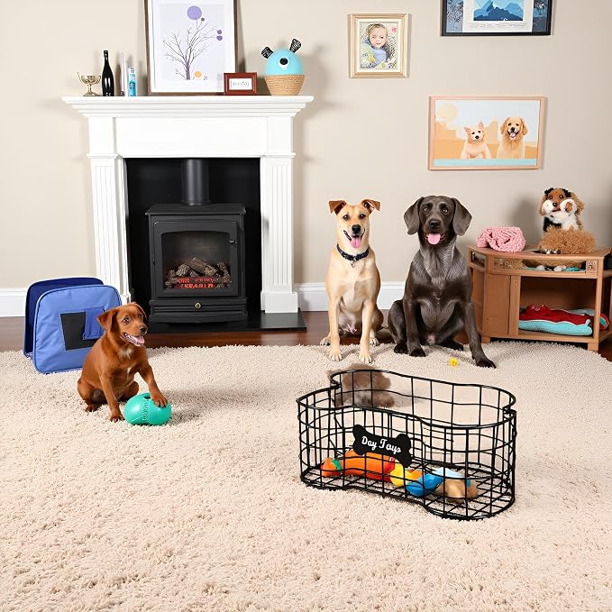 Metal dog toy bin basket bone shape designed outdoor dog toy storage great for collecting pet chew toys leashes clothing in living room area playroom closet shelf