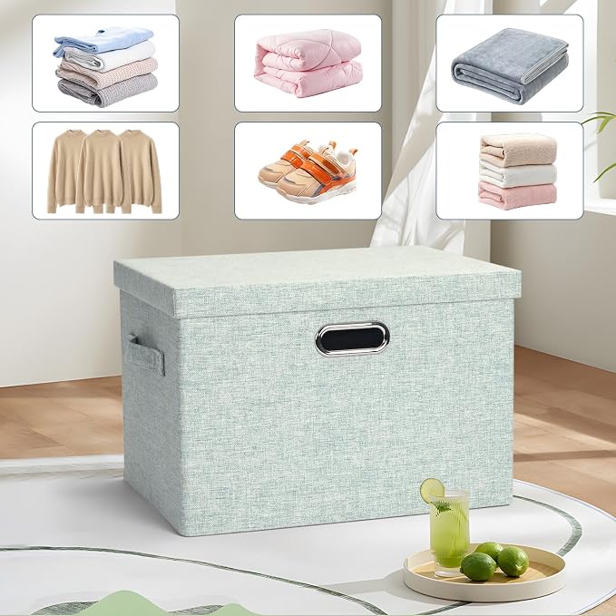 Storage Bins with Lids Fabric Closet Organizers Cubes Office Organization | 36 Quart 3 Pack Light Green Collapsible Stackable Linen Fabric 4 Handles Bedroom Closet Cabinet Under Bed Clothes Toy Office