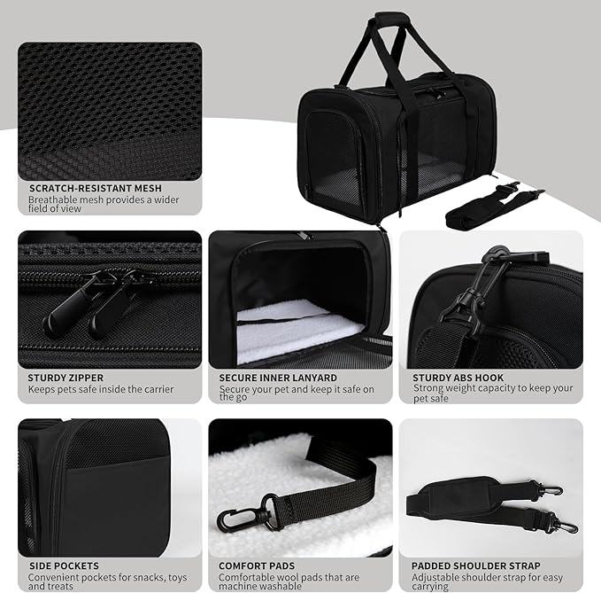 Carriers Soft-Sided Pet Carrier for Cats Dogs Under 15 lbs,TSA Airline Approved with 4 Ventilated Windows(Medium,Black)