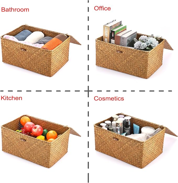 Hipiwe Wicker Shelf Baskets Bin with Lid Handwoven Storage Basket, X-Large | Rectangular Basekts Bins Natural Seagrass Household Basket Boxes for Shelf Wardrobe Home Organizer, Caramel