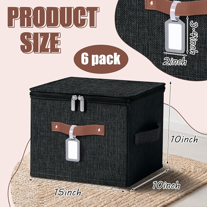 6 Pack Fabric Closet Storage Bins with Zipper Lids and Label, 15x10x10In Large Size Foldable Cotton Linen Storage Cubes Boxes with PU Leather Handles Holder for Bedroom, Shelf, Nursery, Black
