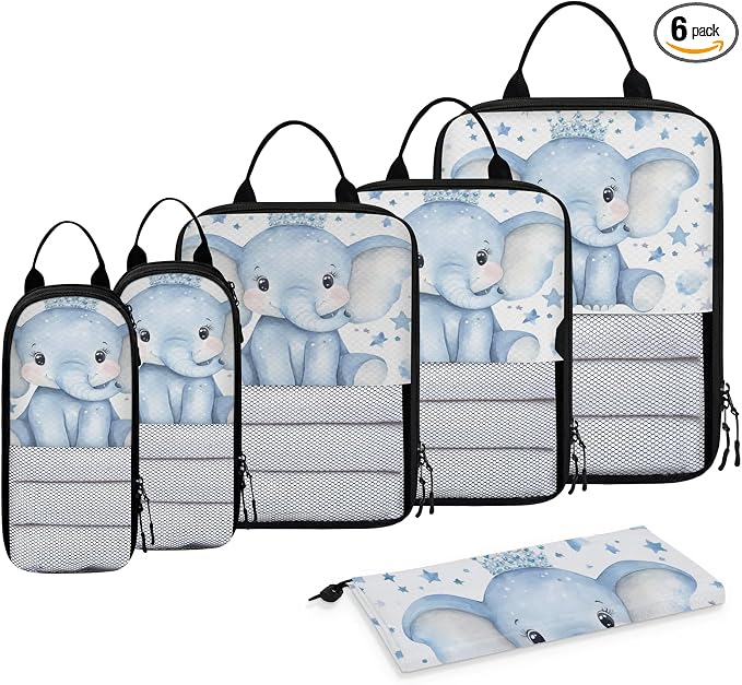 Elephant 6 Set Compression Packing Cubes Blue Elephant Expandable Packing Organizer for Travel Accessories Luggage Suitcase Bag