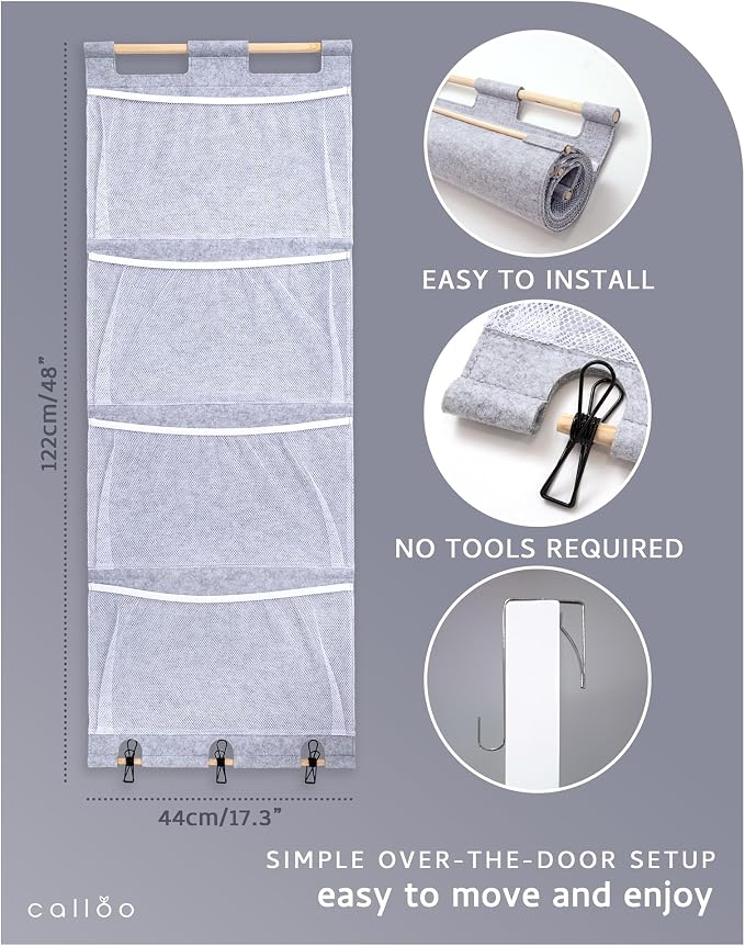 Over the Door Stuffed Animal Storage for Kids – Felt Organizer with Clips to Display Art and Mesh Pockets for Stuffies, Books and More – Space-Saving Hanging Design that Grows with your Child