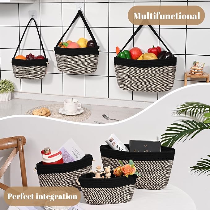 Hanging Basket, 3-Tier Woven Wall Basket with 4 Hooks, Cotton Rope Storage Baskets, Over the Door Organizer for Nursery, Bedroom, Cottage and Boho Wall Decor