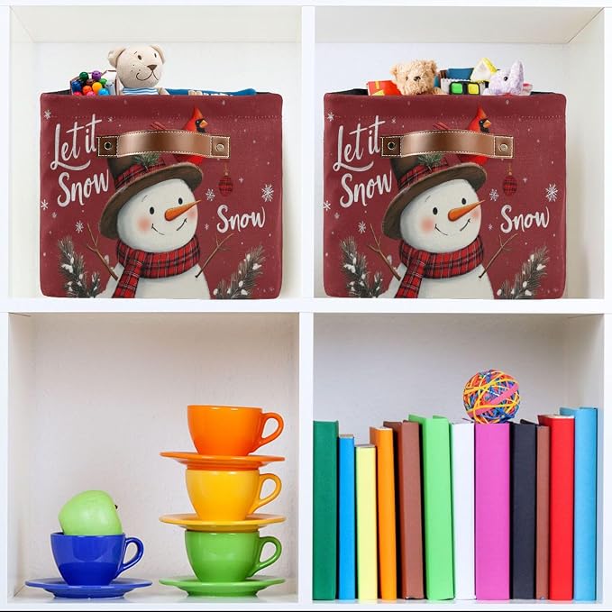 Winter Snowman Cardinal Birds Storage Basket with Waterproof Liner and PU Handles Let It Snow Christmas Red Storage Bins Boxes 14.2" Collapsible Decorative Baskets for Bedroom Closet Office 2 Pack