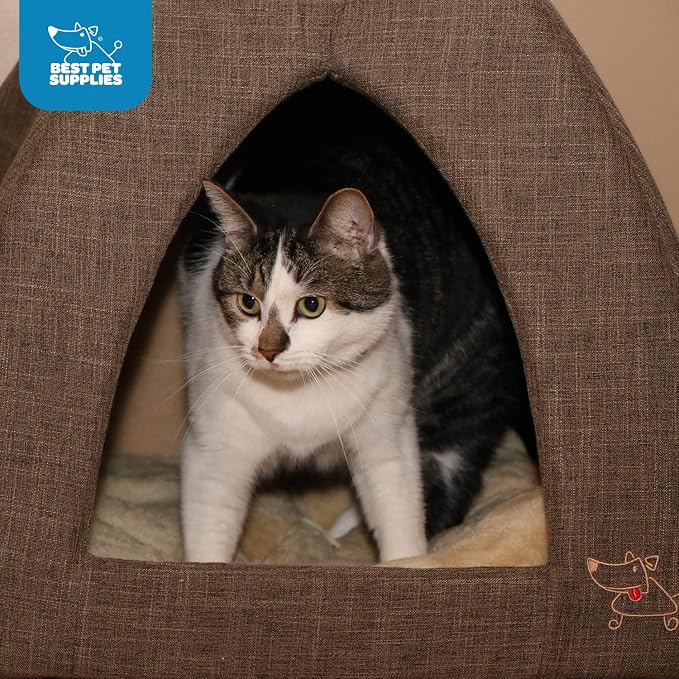 Best Pet Supplies Cat Bed for Indoor Cat, Domed Tent House with Removable Pillow, Covered Cat Cave for Small Dog, Puppies and All Breeds of Cats - Brown Linen, 19 x 19 x H:19"