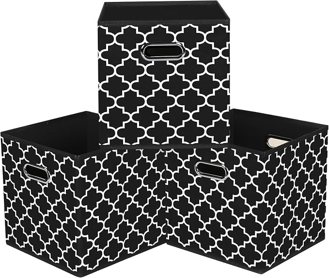 Black Foldable Storage Cubes Bins, Fabric Storage Box Cubes Organizer Baskets with Dual Handles for Home Organizer,Set of 3,(Black Light)