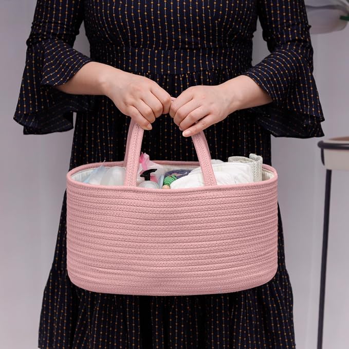 COMSE Large Cotton Rope Baby Diaper Caddy Organizer for Girls, Dusty Pink