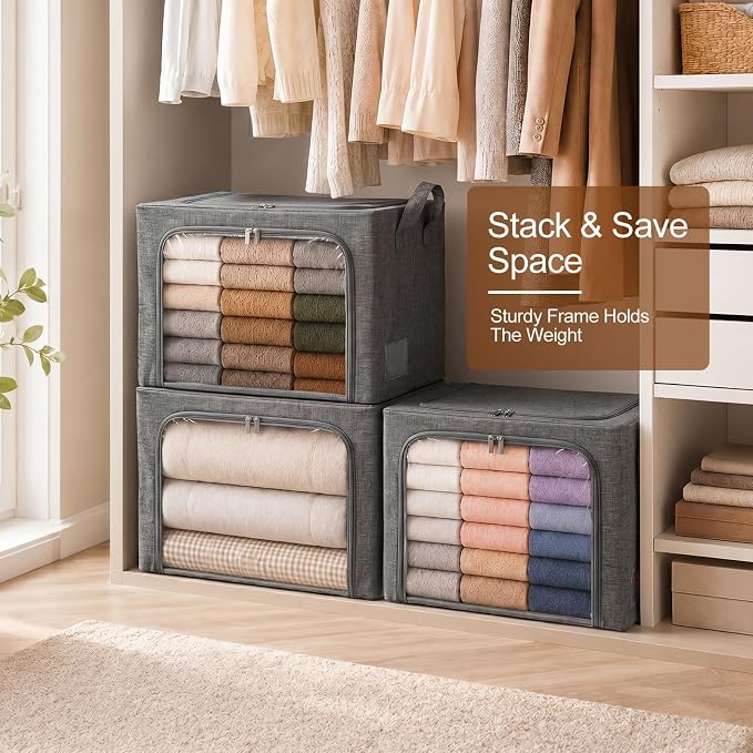 GoMaihe Clothes Storage Bins with Metal Frame for Blanket 3 Pack 66L Grey | Closet Top Shelf Linen Closet, Winter Clothing Bedding Comforters, 3 Side Access Stackable Collapse-Proof See Through Window