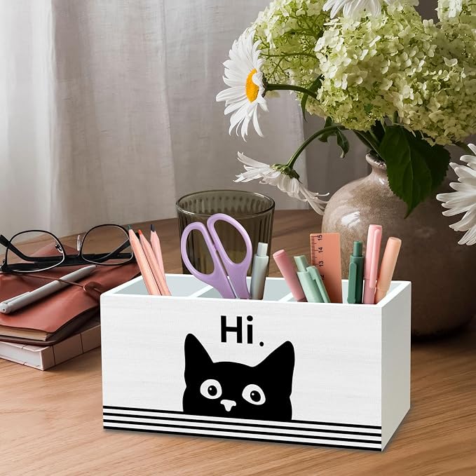 DILSJ Funny Black Cat Pen Pencil Holder Organizer for Desk, Black Cat Lovers Gifts for Women Men, Gifts for Pet Lovers, Hi Funny Kitten Wooden Box Signs for Home Office Desk Tabletop Decoration