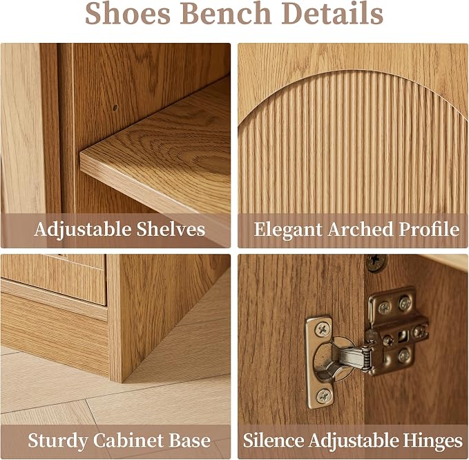 BERRYMERRY 39.4" Fluted Shoe Storage Bench for Entryway | Arched Door,Entryway,End of Bed,Shoe Cabinet,Adjustable Shelf,Bedroom,Natural,Mid Century Modern,2 Tier
