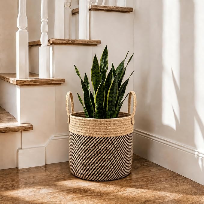 Woven Plant Basket with Handles, 11"x11" Round Rope Wicker Basket for 8-10" Plant Pots, Boho Decor Storage Organizer for Blankets, Toys, Towels, Rustic Storage Bin for Home, Black Stripes