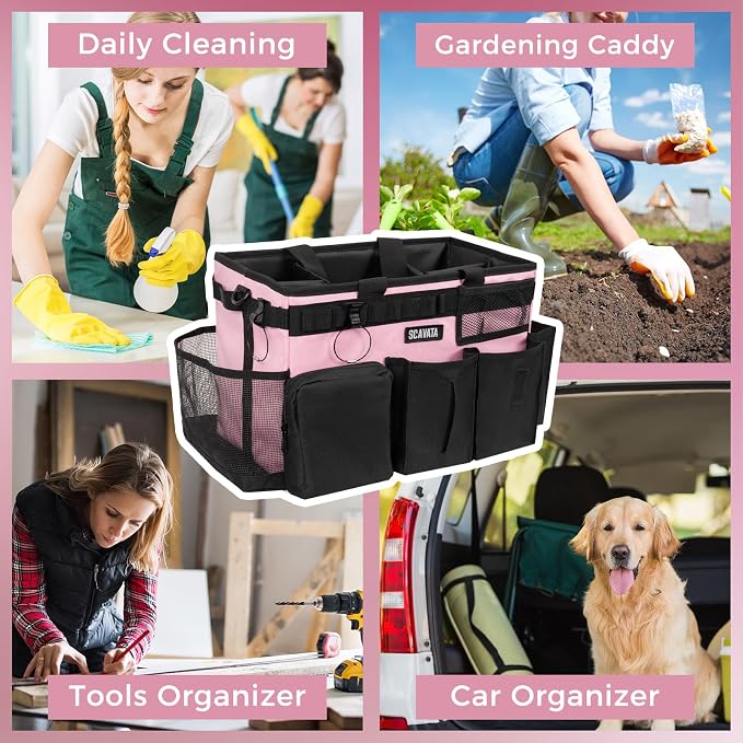 SCAVATA Wearable Cleaning Caddy Bag, Cleaning Caddy Supplies Organizer with Handle & Shoulder Straps for Housekeepers, Under Sink & Car Cleaning Tool Organizers with 4 Foldable Divider (SweetPink)