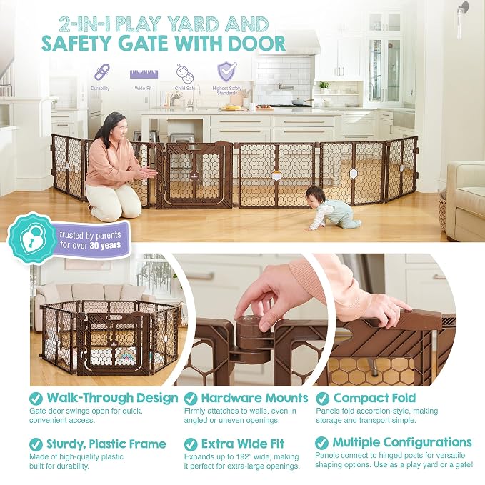 Regalo Safety 192" Plastic Super Wide Baby Gate & Play Yard with Door | Adjustable Playpen, For Doorways & Open Spaces, For Babies, Toddlers & Pets, Brown, Tested & Trusted for 30 Years