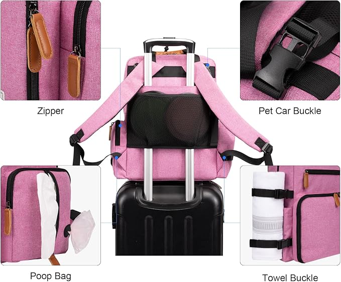 Modoker Dog Travel Backpack Set with 2 Food Bags, 2 Bowls and 1 Mat, Pink | Water-Resistant Oxford Fabric | Roomy Main Compartment | Multiple Functional Pockets | Stroller Strap | Leak-Resistant Lining