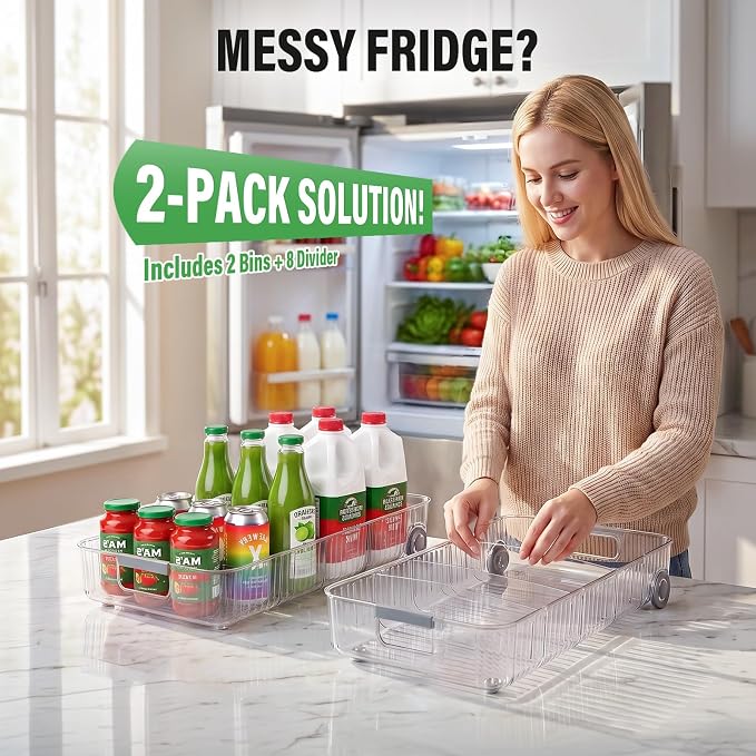 Pull Out Fridge Organizer Bins with Wheels, 8 Dividers, 2-Pack | Clear PET storage bins with handles, rear wheels and adjustable dividers for refrigerator, pantry and cabinet shelves