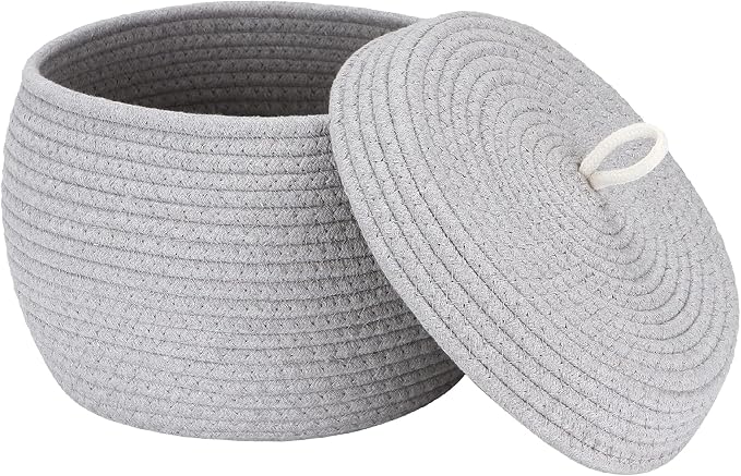 Sea Team Round Woven Cotton Rope Storage Basket with Lid, Gray | Lidded Knitted Decorative Storage Bin, Pot, Caddy, Organizer, Container for Snacks, Towels, Plants, 10 x 7.5 Inches
