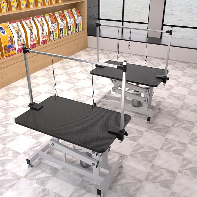 Hydraulic Dog Pet Grooming Table, 42 Inch Heavy Duty Professional Pet Grooming Station 21'' -36'' Height Adjustable for Large Dog at Home with Adjustable Overhead Arm, Clamp and Grooming Noose, Black