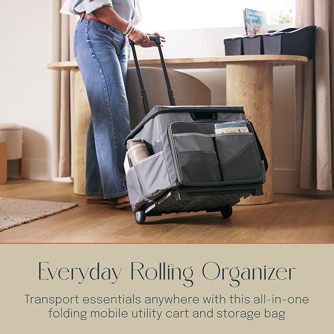 Folding Mobile Utility Cart, Canvas Organizer Bag, Dark Grey/Grey | Durable plastic, 30 compartments, adjustable handle, 40 lb capacity, collapses to 3" thick, rolling wheels for easy transport