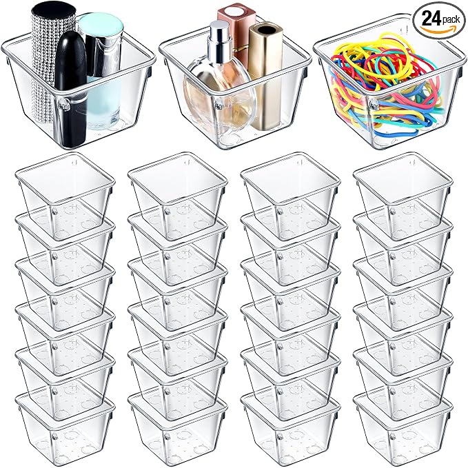 Tioncy 24 Pcs Stackable Clear Drawer Organizer 3" x 3" x 2" Storage Bins | For Makeup Vanity Bathroom Kitchen, Small Containers Office Desk Cosmetics, Transparent Organizers Declutter Drawers Easily