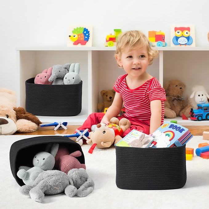 XUANGUO Woven Cotton Rope Storage Baskets 15x10x9.3" 3 Pack Black | Decorative rectangular storage baskets for shelves and closets; storage bins organize clothes, toys, books and nursery items.