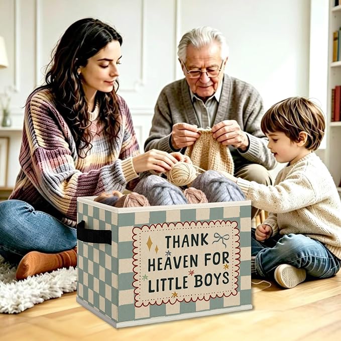 Boy Nursery Cube Storage Bins with Handles, Thank Heaven for Little Boys Blue Checkered Collapsible Fabric Storage Basket Boxes Books Clothes Organizer for Kids Boys Room Bedroom Bathroom