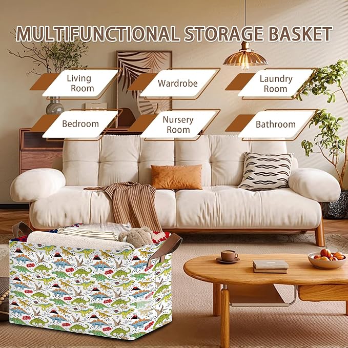 Dinosaur Pattern Collapsible Storage Box - 17x11.5x10.5 Inch Foldable Organizer for Nursery, Playroom Decor,Toy Storage - No Lid Single Pack Organizer Bin
