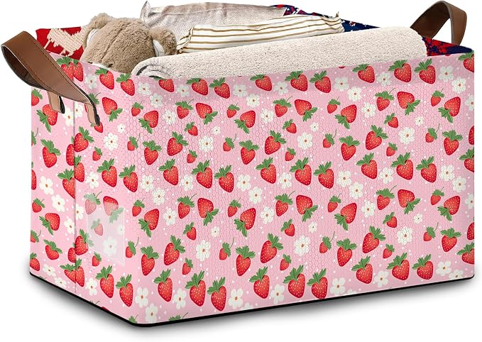 Pink Strawberry Collapsible Storage Bin - 17x11.5x10.5 Inch Foldable Organizer Basket for Nursery, Kids Room,Kitchen, Pantry, Home Decor - Single Pack No Lid Space-Saving