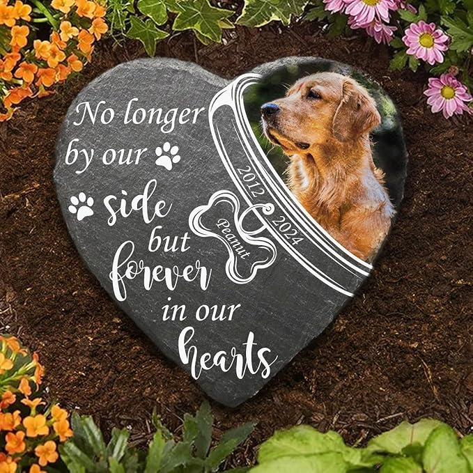 Wrappiness Pet Memorial Stone - Forever in My Heart, Personalized Dog Memorial Gifts, Remembrance Condolences Bereavement Gifts for Loss of Pet Custom Photo (Heart 05, Stone with Stand)