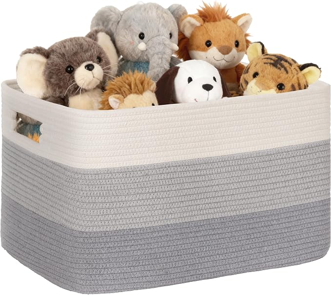 72L Large Woven Laundry Basket Hamper with Handles, Gradient Grey | collapsible wicker hamper, storage for dirty clothes, toys, blankets, gifts, living room, bedroom, bathroom, 22"x17"x12"