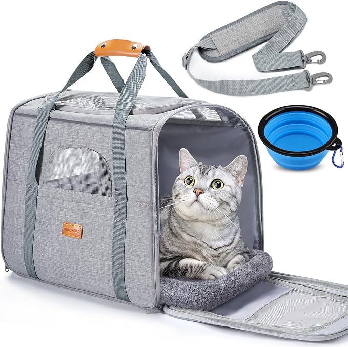 Morpilot Cat Carrier Soft for Large Medium Cats and Puppy up to 18lbs | with Dual-Sided Cushion, Secure Buckle and Foldable Bowl, Dog Carriers for Small Dogs - Pet Carrier (Light Gray)