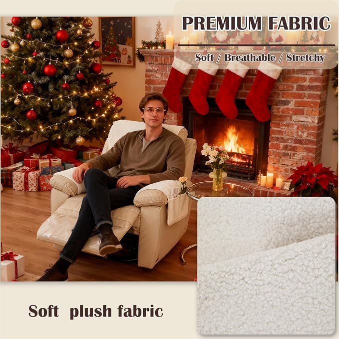 Sherpa Fleece Armrest and Headrest Covers with 2 Pockets | Soft fleece with nonslip silicone backing helps protect leather and fabric furniture from pet scratches machine washable