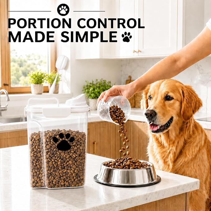 5-7Lbs Dog Storage Container with cleaning brush and Measuring Cup | Airtight Portable Pet Food Containers with Upgraded Large Spout and Cup for Dogs,Cats,Birds,2 Packs（3L+5L） White