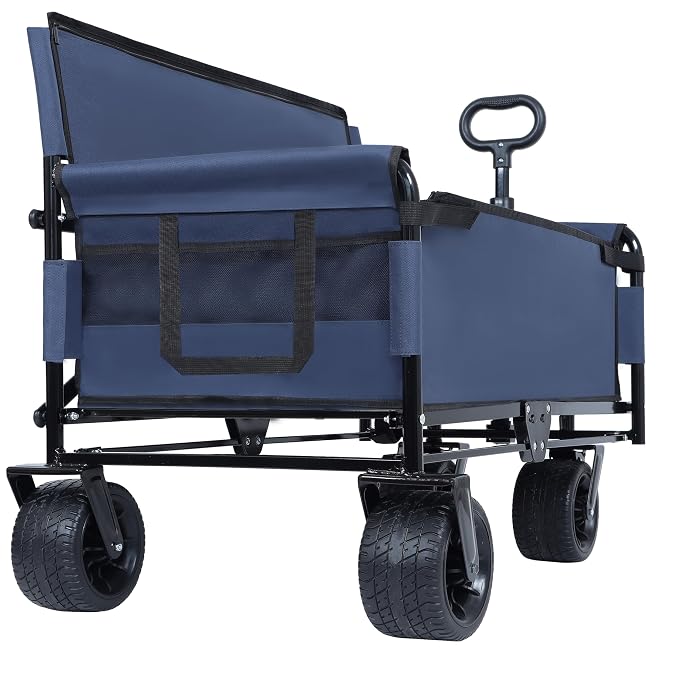 3-in-1 Pet Wagon Stroller with Bench Seat & Storage – Portable Travel Carrier for Dogs & Cats, 500Lbs Heavy-Duty Foldable Cart with All-Terrain Wheels for Camping, Park & Outdoor Use (Blue)