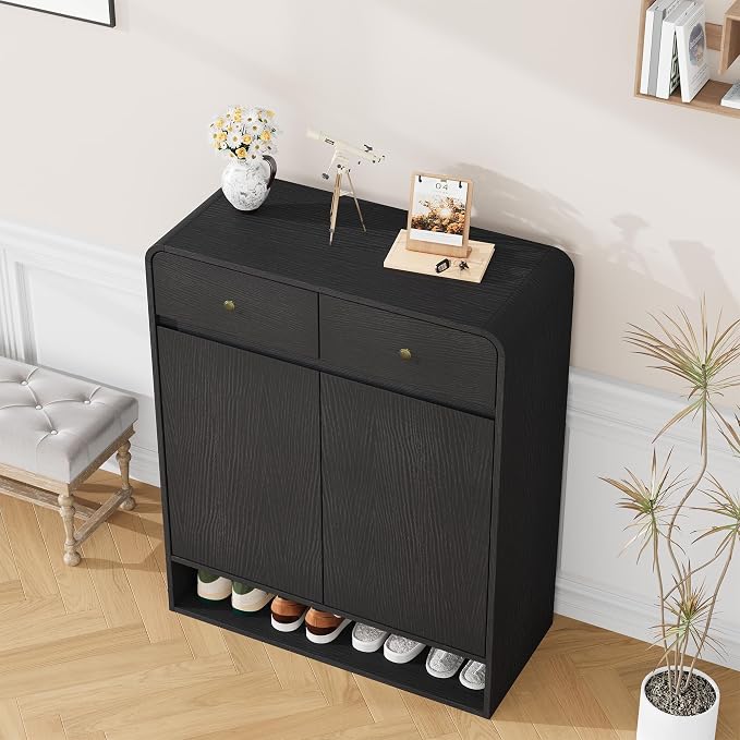 Garvee Shoe Cabinet with 2 Doors and 2 Drawers, Freestanding Wood Shoe Storage Organizer with Open Bottom Shelf, Modern Entryway Shoe Cabinet for Hallway, Foyer, Black