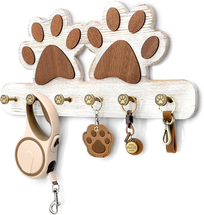 MTERSN Farmhouse Dog Leash Holder for Wall for Pet Supply Storage, White | Unique 3D Pet Claw Hooks, Decorative Dog Leash Hanger, Coat Rack with 6 Hooks for Hats, Dog Stuff Organizer for Entryway