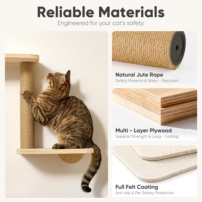FUKUMARU Cat Wall Shelves, 5 in 1 Set, Beige | Stable Wooden Wall-Mounted Furniture Set, Kitty Climber with Hammock, House, Steps, Scratching Post