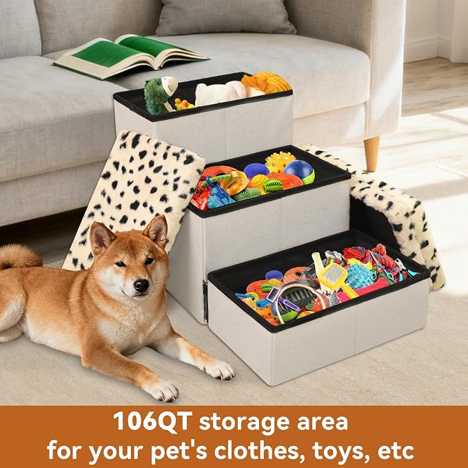 Zerbuger Dog Stairs with Storage, Beige Leopard 3 Steps Dog Ramp no Condo | 18" H Wider Dog Steps for High Beds Couch, Folding Storage Pet Stairs Gift for Climbing Small/Medium/Large Old Dogs Cats