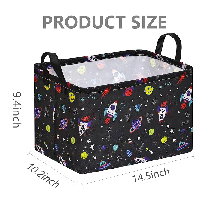 Rocket Space Kids Gifts Organizer Bin, Waterproof Lining, Leather Handles, Foldable Basket for Toys, Laundry, Blankets & Nursery Storage